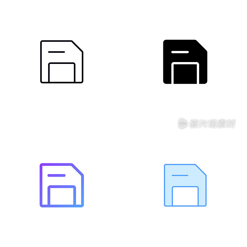 保存图标设计在四风格与可编辑的笔画。线，实线，平线和颜色梯度线。适合网页，移动应用，UI, UX和GUI设计。